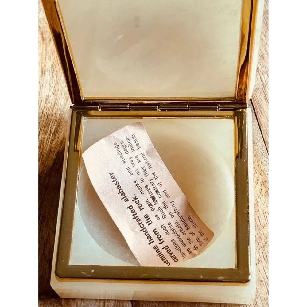 Vintage Italian Handpainted Rose Motif Alabaster Hinged Trinket Box Italy